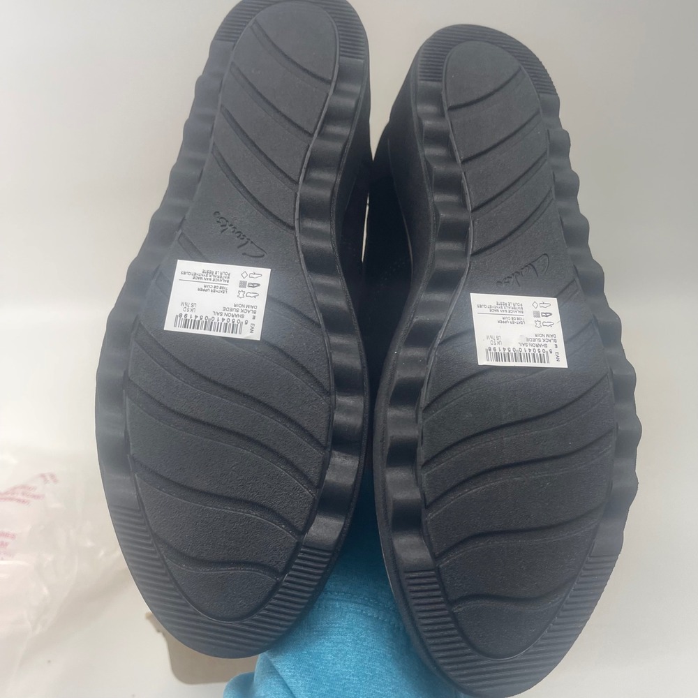 Clarks Sharon Sail Black Suede Wedge Loafers Womens 7.5 M Slip On Shoes NEW - Picture 4 of 6